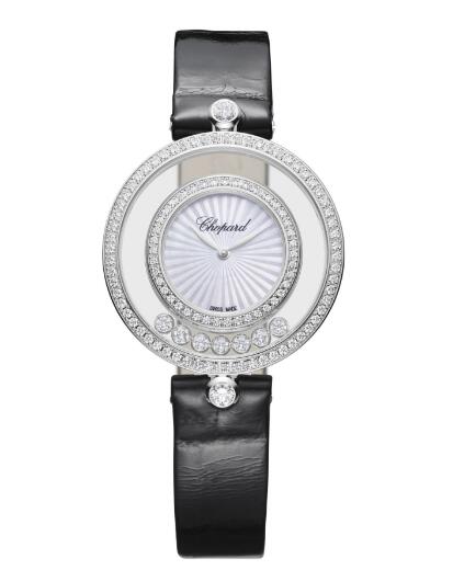 The white gold cases and black leather straps build an elegant image. 
