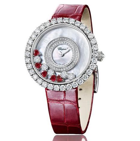 The 37.7 mm copy Chopard Happy Diamonds 204445-1006 watches have white mother-of-pearl dials.