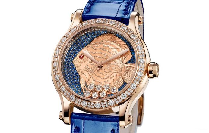 The luxury fake Chopard Happy Sporty Fish watches are made from 18k rose gold and decorated with diamonds.