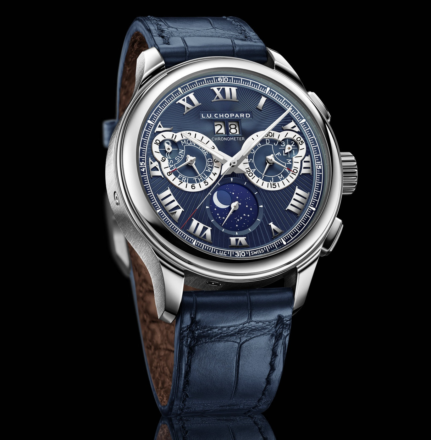The platinum copy watches have blue dials.