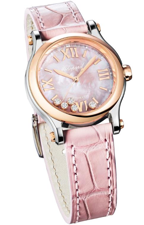 The 18ct everose gold copy watches have pink mother-of-pearl dials.