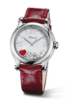 The stainless steel fake watches have red leather straps.