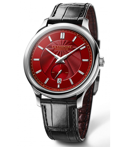 The red dial fake watch features sapphire hour marks.