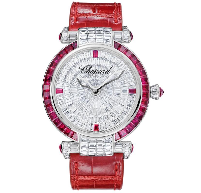 The 18k white gold fake watch has a red strap.