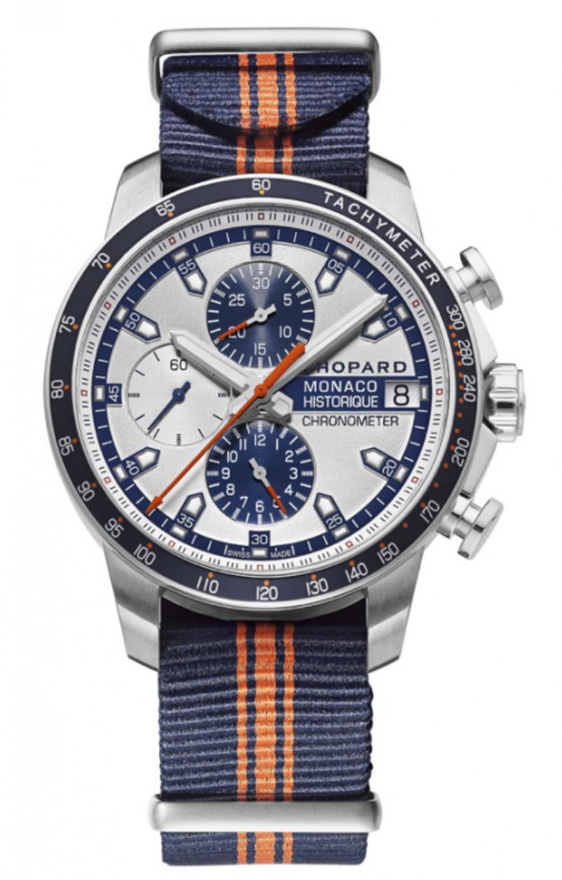 The blue and orange strap fake watch is designed for men.