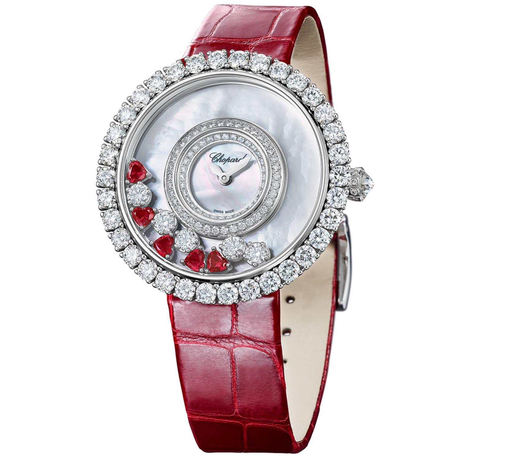 The 18k white gold fake watch is decorated with diamonds.