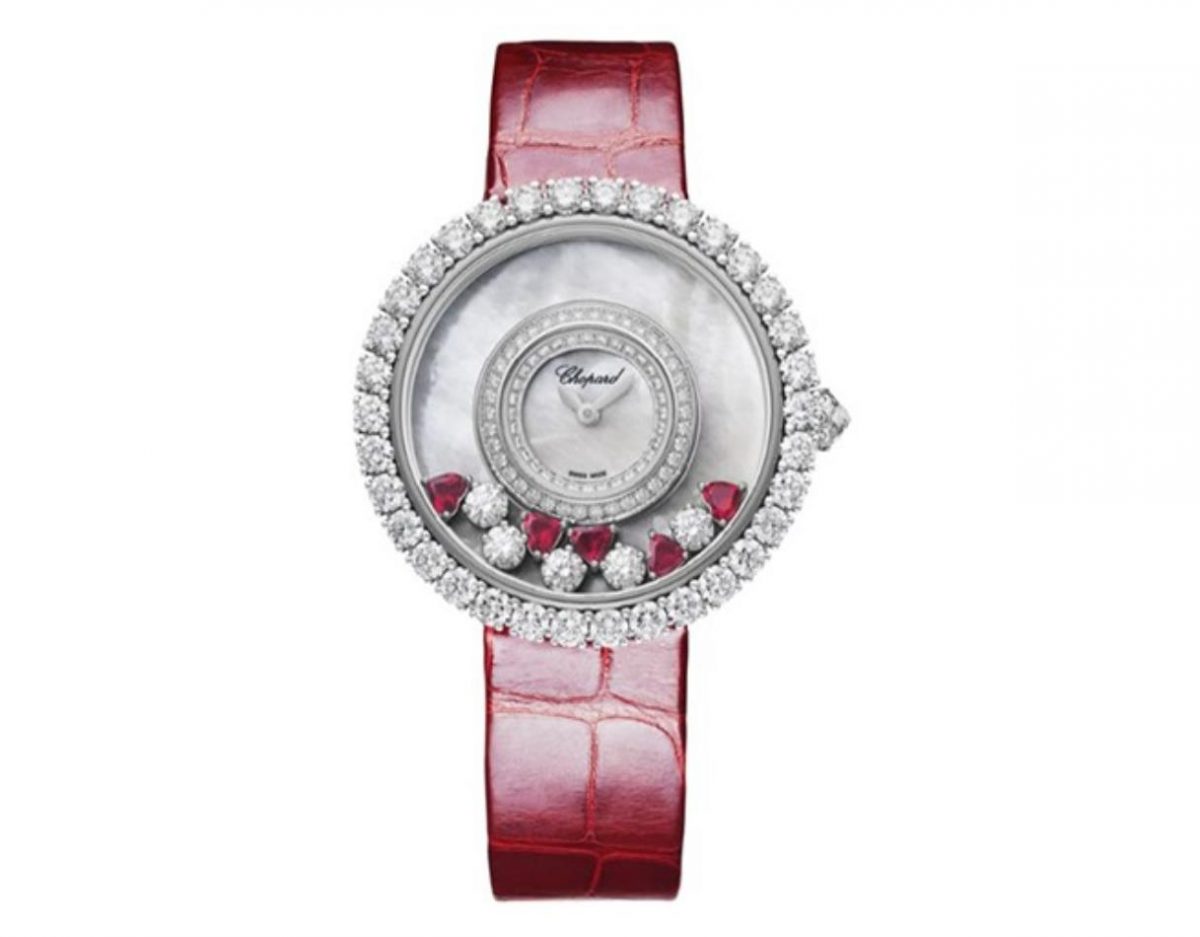 The white dial fake watch has 5 rubies.