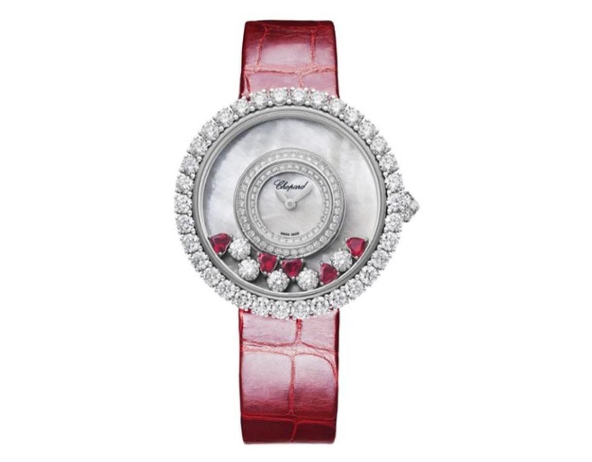 The white dial fake watch has 5 rubies.