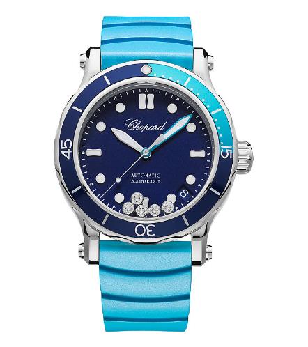 The waterproof fake watch has a light blue strap.