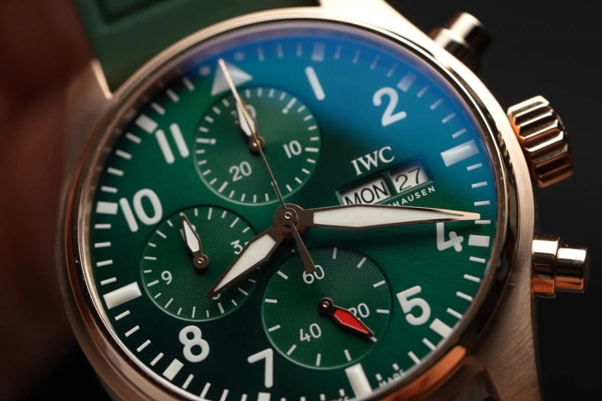 Swiss made fake IWC’s green-dialled Pilot’s Chrono in rose gold is a luxe take on a tool watch